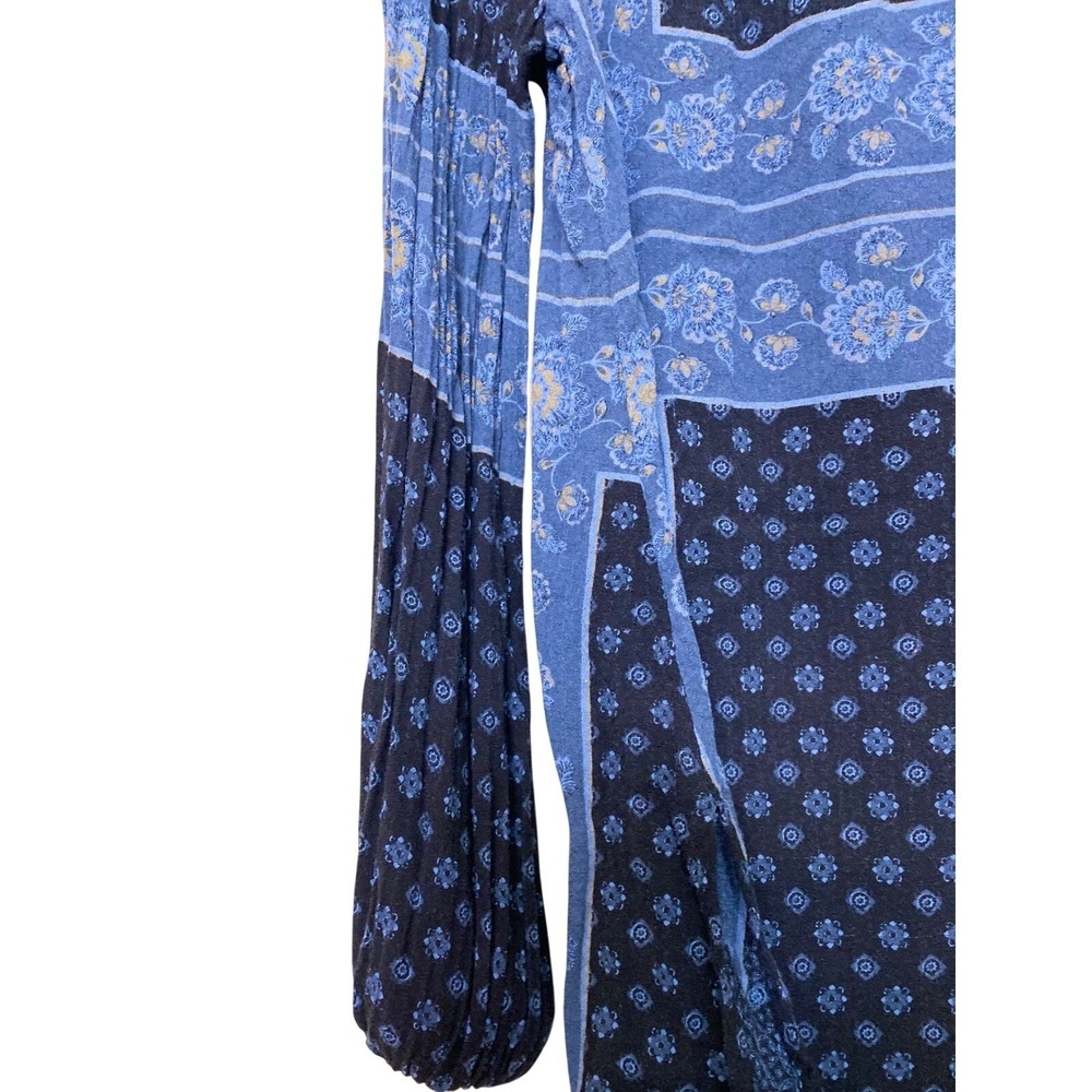 Free People Blue Floral Paisley Mixed Print Tunic Top V-Neck Long Sleeve Rayon - Picture 3 of 5